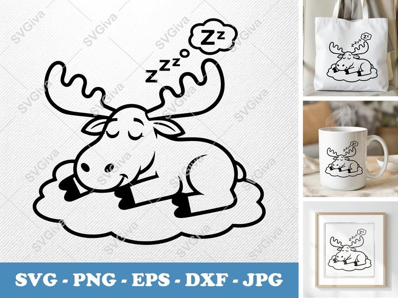 Moose SVG, Sleeping Cartoon Animal Cut File, Zzz Cloud, PNG EPS DXF for Cricut, Silhouette, Nursery Decor, Kids Craft