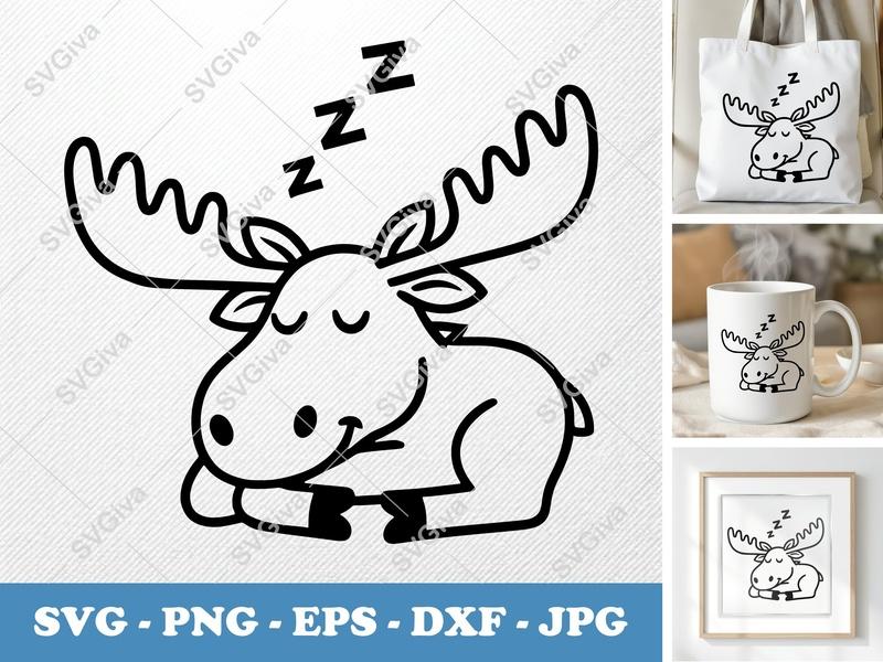 Moose SVG, Sleeping Moose Cut File, Cute Cartoon Animal PNG EPS DXF for Cricut & Silhouette, Modern Wildlife Design