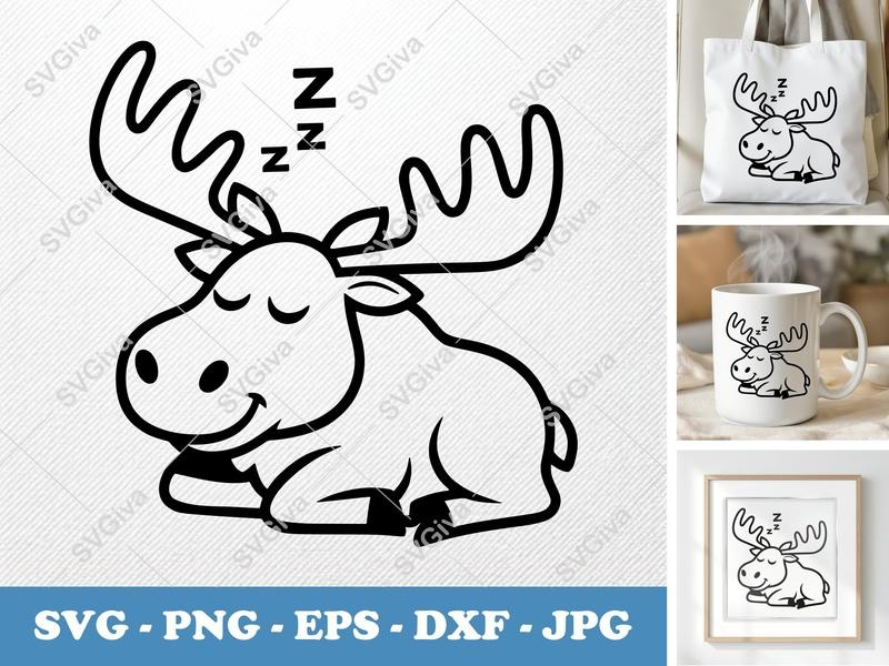 Moose SVG, Sleeping Moose, Cute Animal Cut File, Zzz Moose | PNG EPS DXF | Cricut Silhouette File, Kids Design