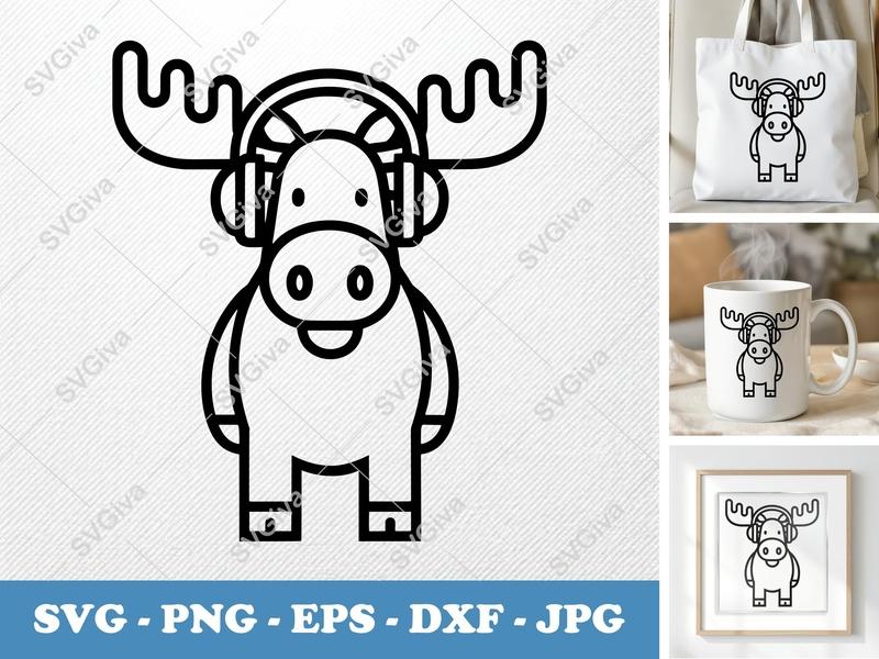 Moose SVG with Headphones | Modern Cute Animal Cut File | PNG EPS DXF for Cricut, Silhouette