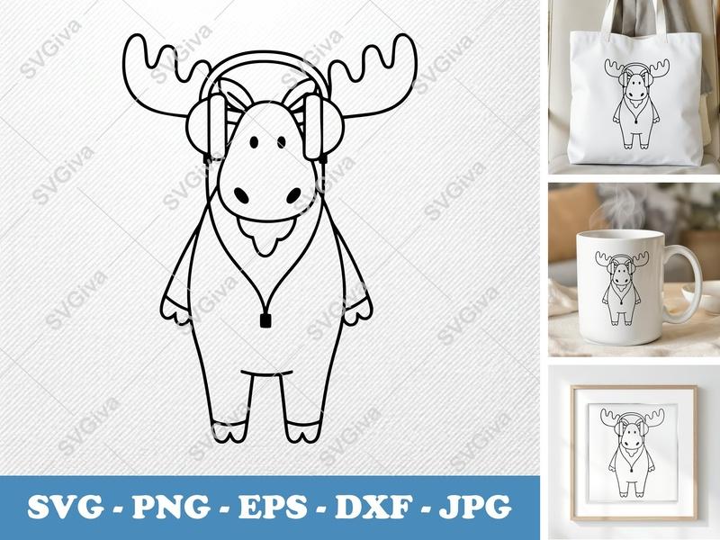 Moose SVG with Headphones, Modern Outline Cut File | PNG EPS DXF for Cricut, Silhouette, Digital Download