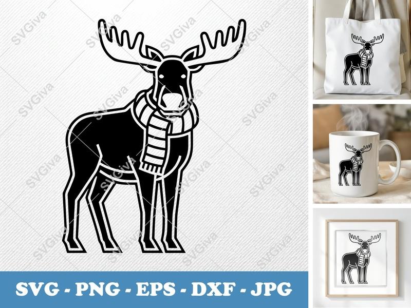 Moose SVG with Scarf | Modern Animal Outline | PNG EPS DXF | Cricut Silhouette File | Winter Holiday Design