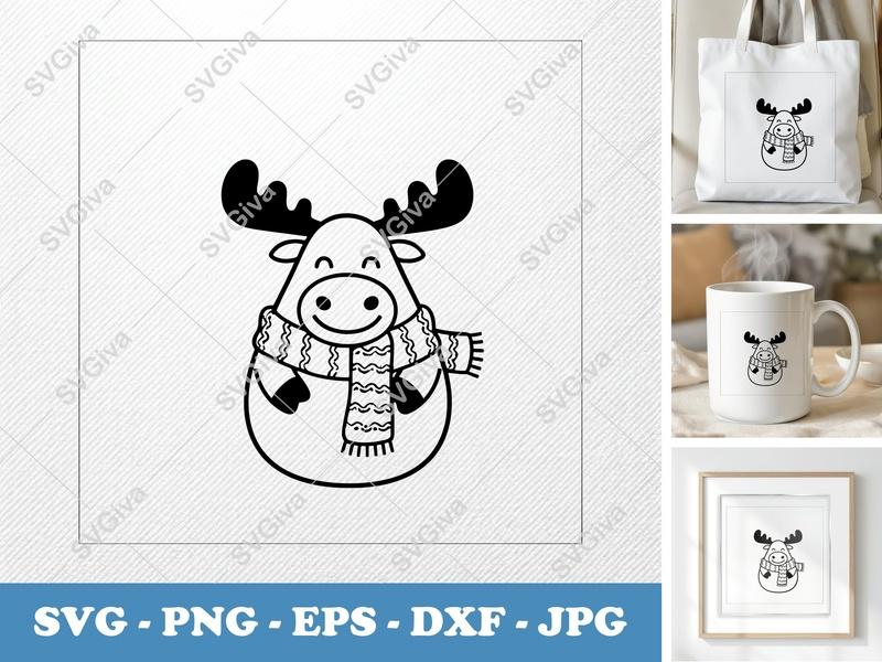 Moose wearing a Scarf SVG | Friendly, Rounded Body Cut File | PNG DXF EPS | Cricut Silhouette Design