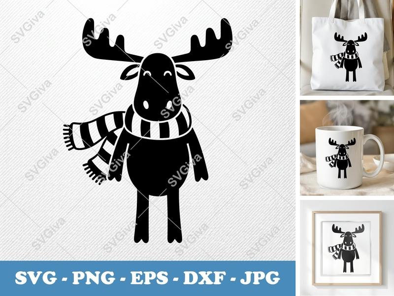 Moose wearing a Scarf SVG | Puffy Cartoon Moose | Inflated Shapes Cut File | PNG DXF EPS for Cricut Silhouette