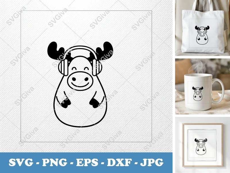 Moose Wearing Headphones SVG | Friendly Bean-Shaped Design | PNG DXF EPS | Cricut Silhouette File