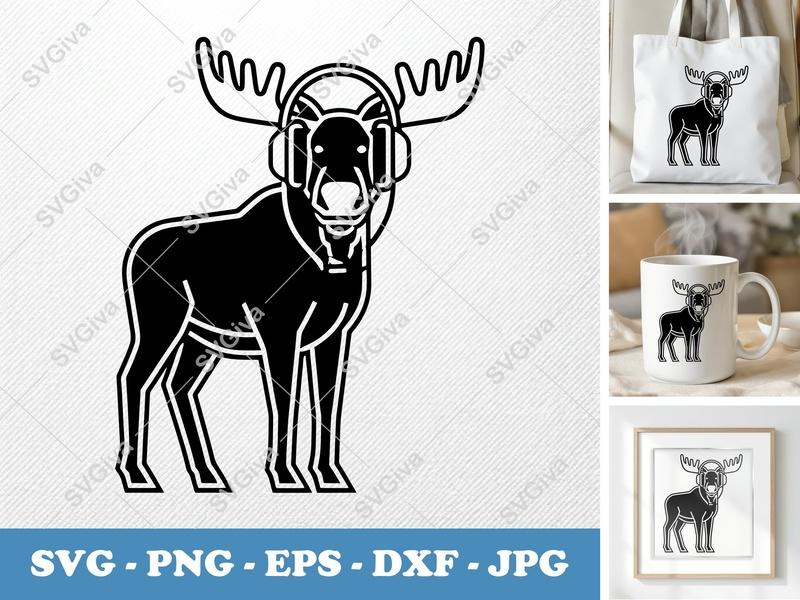 Moose Wearing Headphones SVG | Outline Art Cut File | Minimalist Double-Outline Design | PNG DXF EPS | Cricut Silhouette Ready