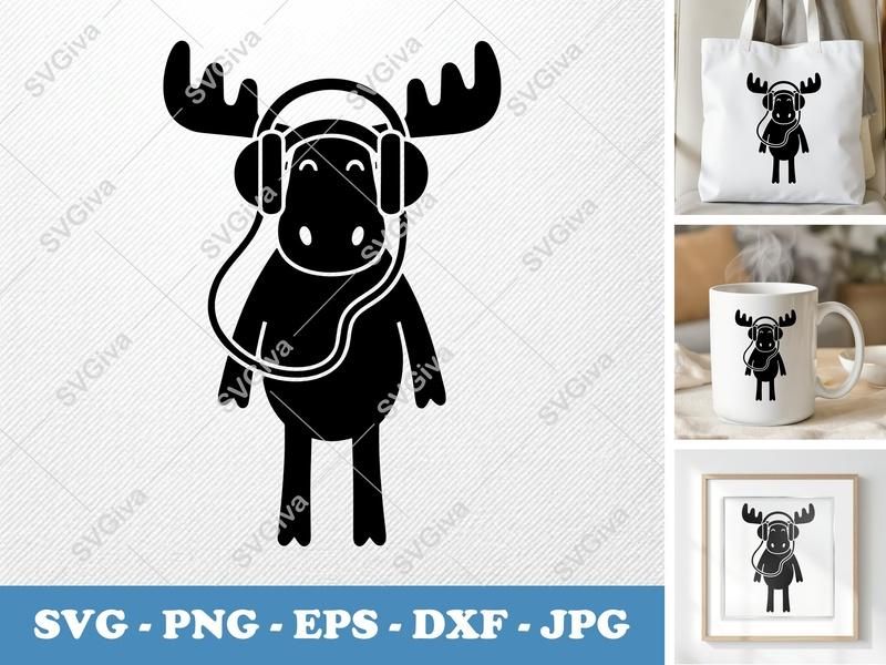 Moose Wearing Headphones SVG | Puffy Inflated Cartoon Design | PNG DXF EPS | Cricut Silhouette Cut File