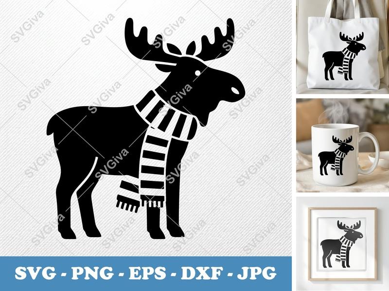 Moose Wearing Scarf SVG | Minimalist Bold Contour Cut File | PNG DXF EPS | Cricut Silhouette Ready