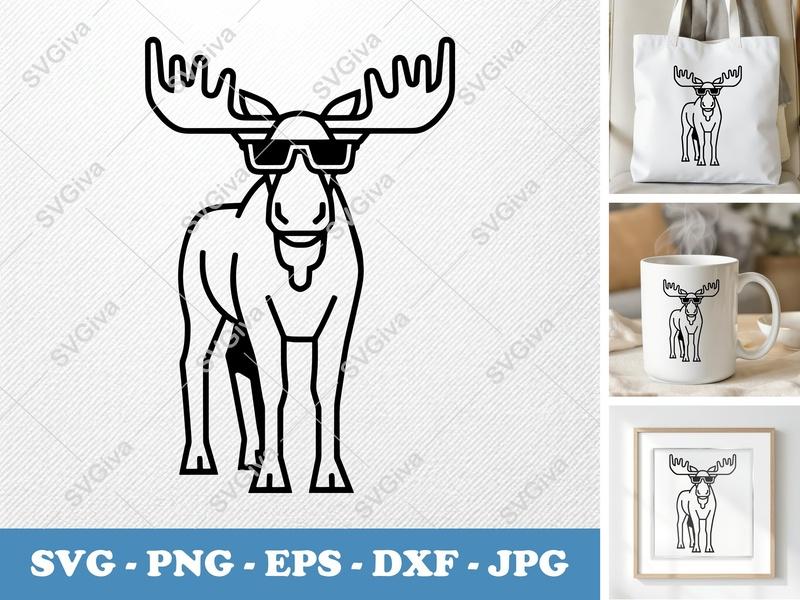 Moose Wearing Sunglasses SVG | Double-Outline Minimalist Design | PNG DXF EPS | Cricut Silhouette Cut File