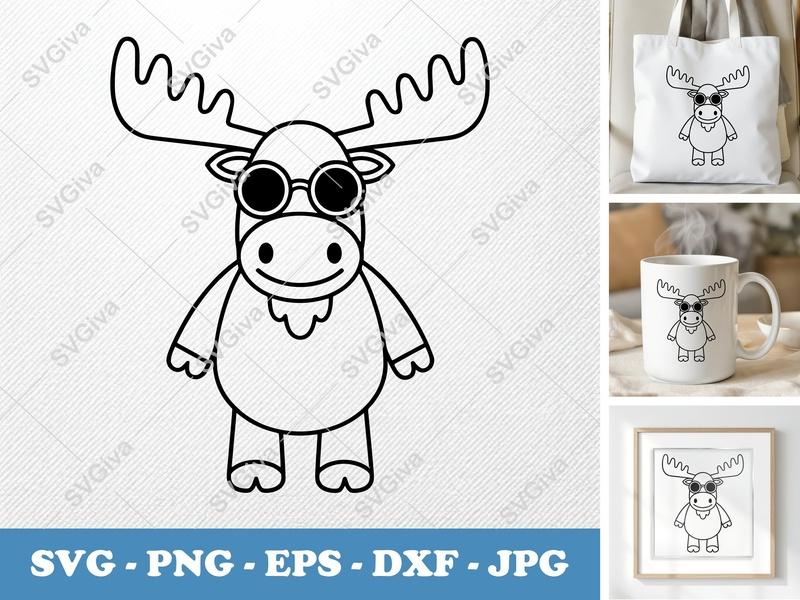Moose Wearing Sunglasses SVG | Friendly Bean-Shaped Cut File | PNG DXF EPS for Cricut Silhouette