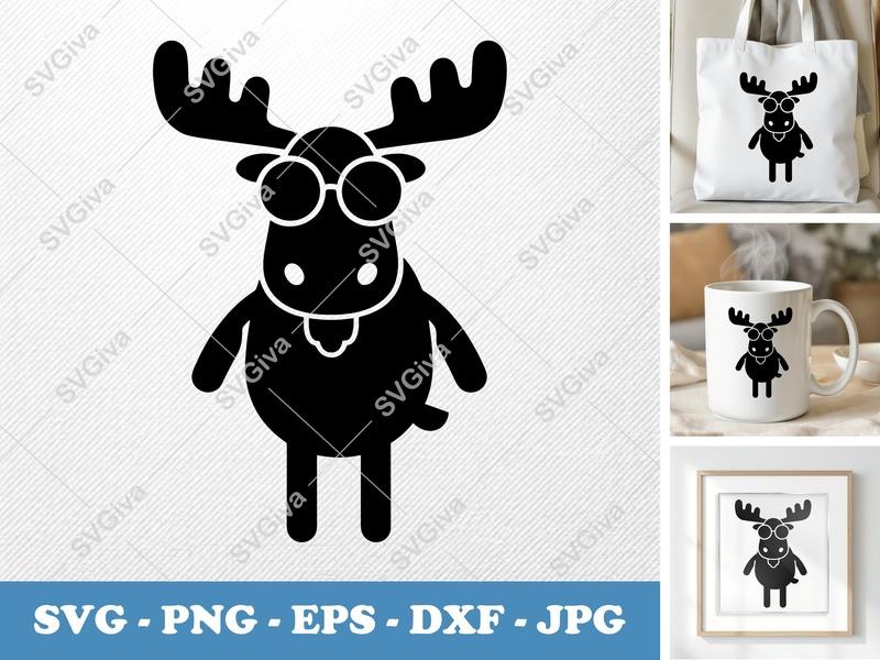 Moose Wearing Sunglasses SVG | Puffy Cartoon Moose PNG DXF EPS | Cricut Silhouette Cut File