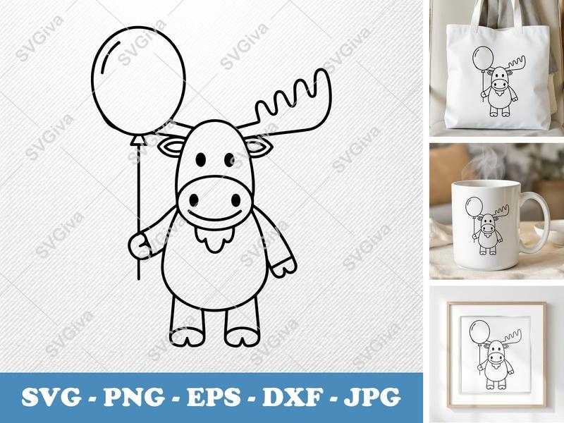 Moose with Balloon SVG | Friendly Bean-Shaped Cut File | PNG DXF EPS for Cricut & Silhouette