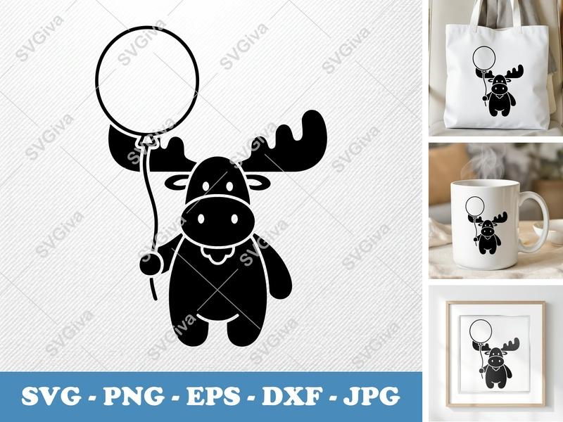 Moose with Balloon SVG, Puffy Pillow-Soft Shapes | PNG DXF EPS | Cricut Silhouette Cut File