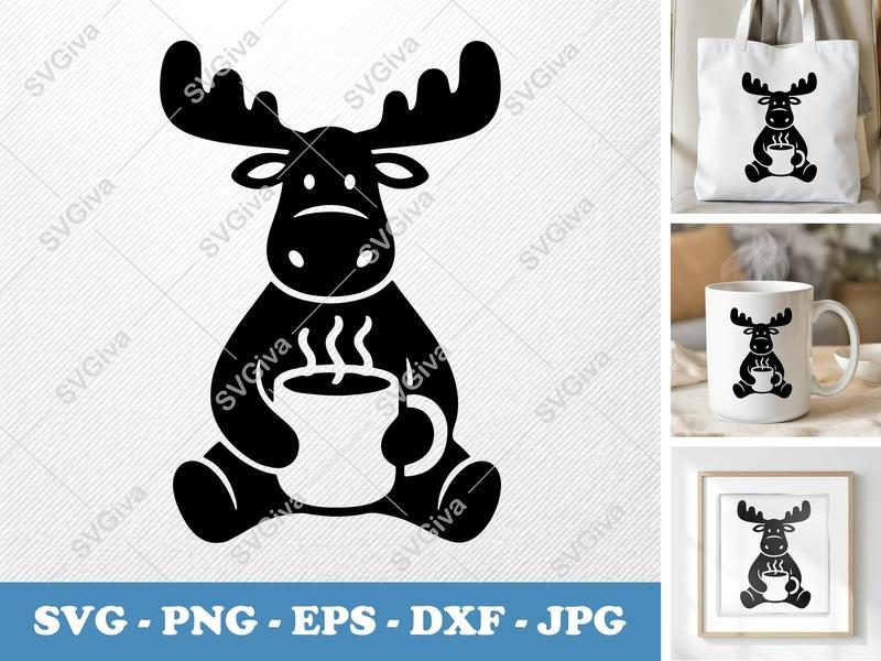 Moose with Coffee Cup SVG | PNG DXF EPS Cut File for Cricut Silhouette | Animal Design