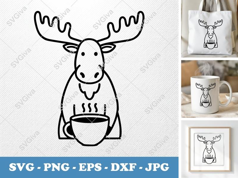Moose with Coffee Cup SVG PNG DXF EPS | Drink Cut File | Cricut Silhouette | Animal Vector Art