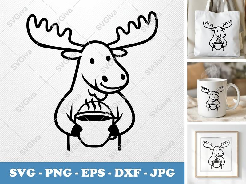 Moose with Coffee Cup SVG PNG DXF EPS | Drink Lover Cut File for Cricut Silhouette