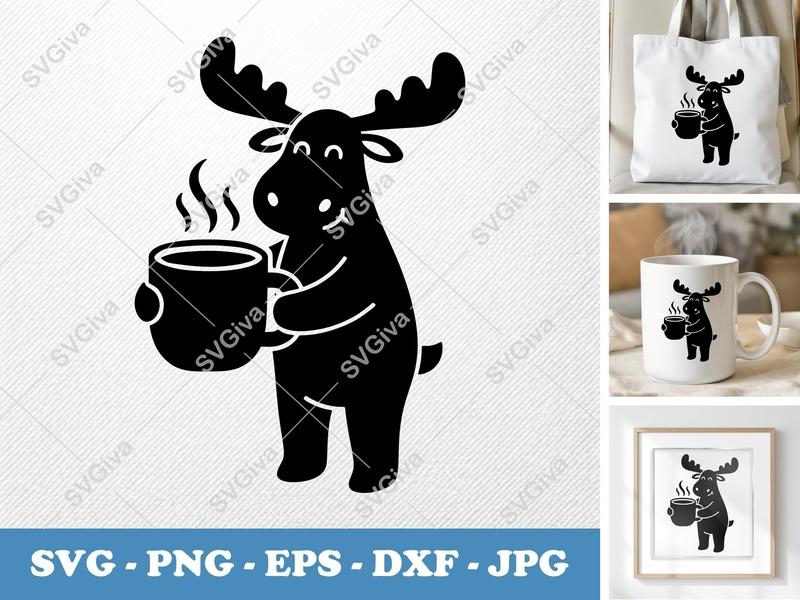 Moose with Coffee Cup SVG | Puffy Soft Shapes DXF PNG EPS | Cricut Silhouette File