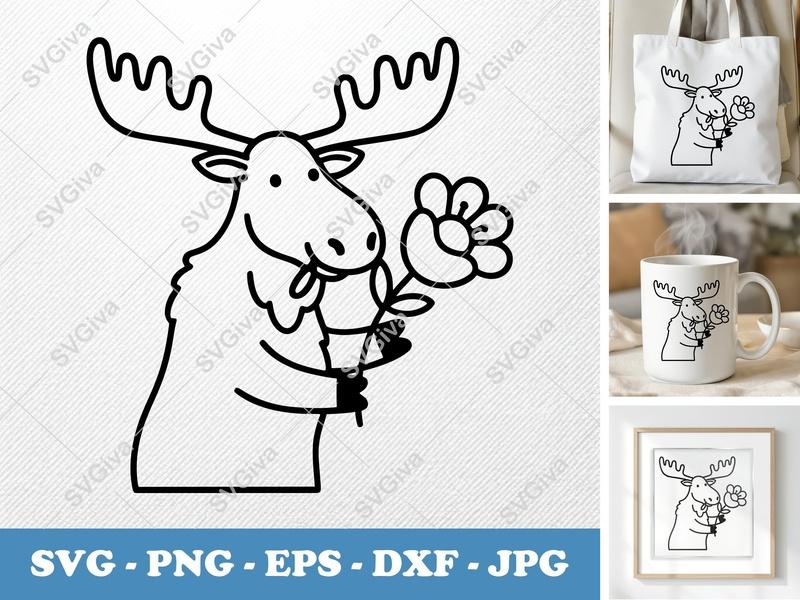 Moose with Flower SVG PNG DXF EPS | Cricut Silhouette Cut File | Animal Vector Art