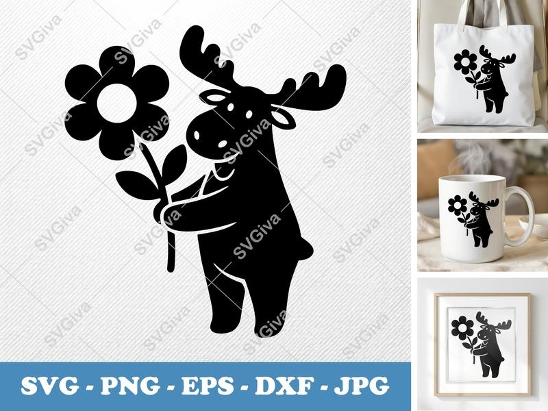 Moose with Flower SVG PNG DXF EPS | Cricut Silhouette Cut File | Cute Animal Design