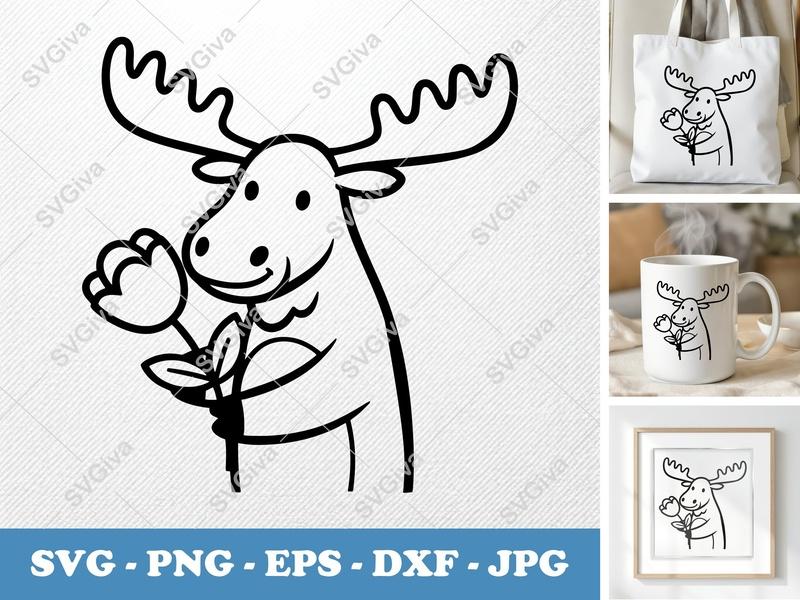 Moose with Flower SVG PNG DXF EPS | Cut File Cricut Silhouette | Animal Vector Art