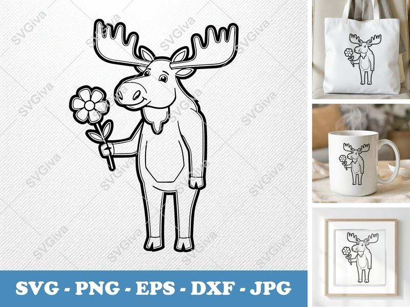 Moose with Flower SVG PNG DXF EPS | Nature Animal Cut File for Cricut Silhouette
