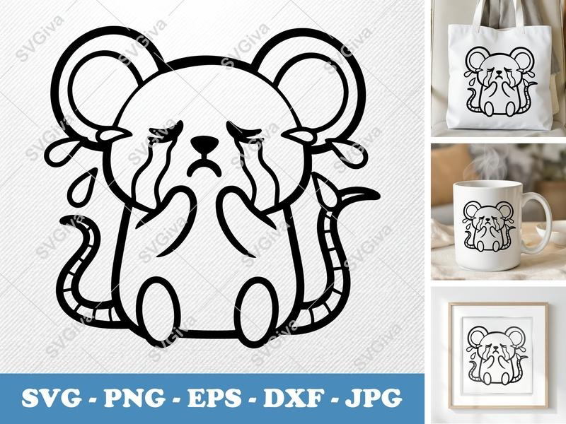 Mouse Crying SVG | Puffy Cartoon Design | Inflated Animal Cut File | PNG DXF EPS for Cricut Silhouette