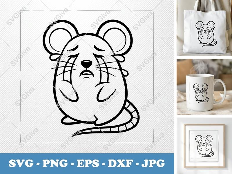 Mouse Crying SVG | Sad Rat Clipart, Modern Cartoon Animal Design | PNG EPS DXF for Cricut, Silhouette Cut File