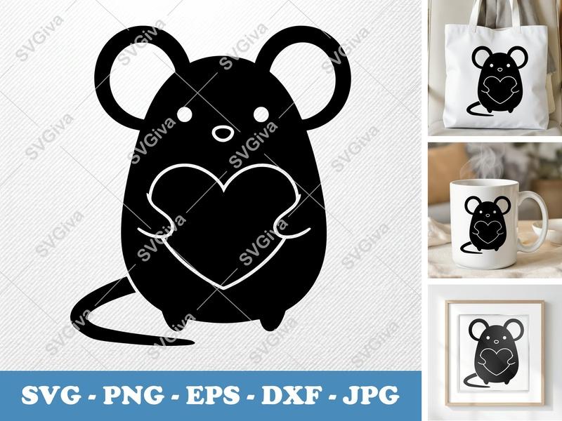 Mouse holding a heart SVG Cut File | Cricut Silhouette | PNG EPS DXF