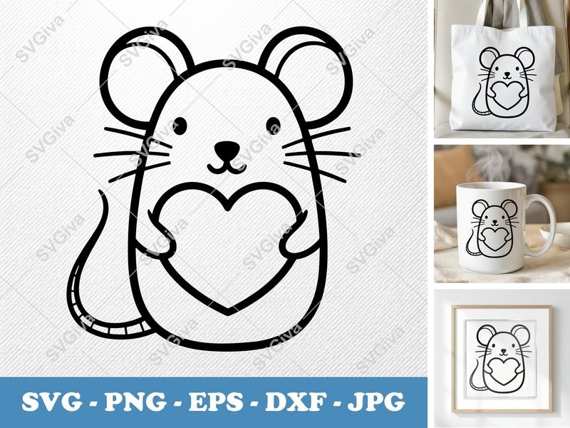 Mouse Holding Heart SVG | Friendly Bean-Shaped Cut File | PNG DXF EPS | Cricut Silhouette Design