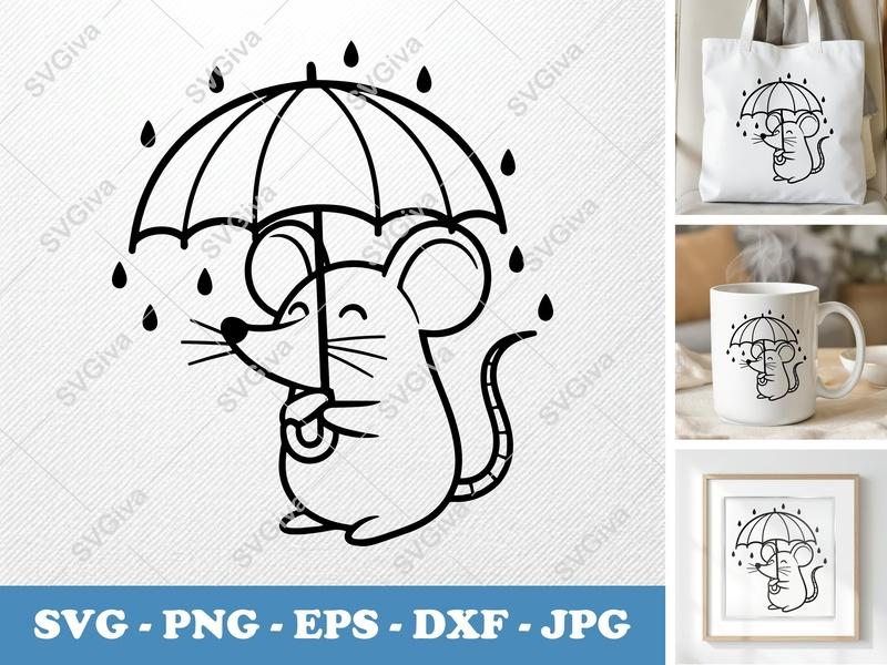 Mouse holding umbrella SVG | Friendly Rounded Bean-Shaped Cut File | PNG DXF EPS for Cricut & Silhouette