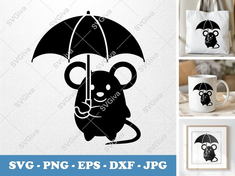 Mouse Holding Umbrella SVG PNG DXF EPS | Cute Animal Cut File for Cricut Silhouette