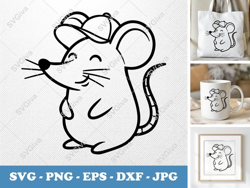 Mouse in a cap SVG | Friendly Bean-Shaped Cut File | Rounded Body PNG DXF EPS | Cricut Silhouette