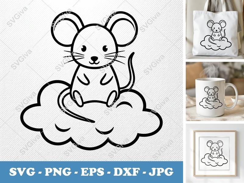 Mouse on Cloud SVG, Cute Animal PNG, EPS, DXF Cut File for Cricut, Silhouette, Kids Craft, Nursery Decor, Cartoon Rodent