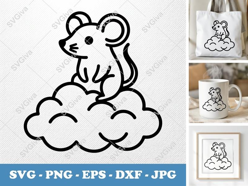 Mouse on Cloud SVG, Cute Animal PNG, EPS, DXF | Modern Outline Clip Art for Cricut & Silhouette
