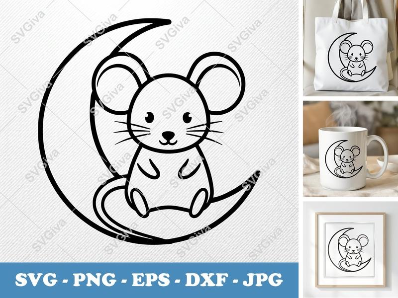 Mouse on Moon SVG, Cute Animal Clip Art, Modern Line Art PNG, EPS, DXF for Cricut & Silhouette, Baby Nursery Decor