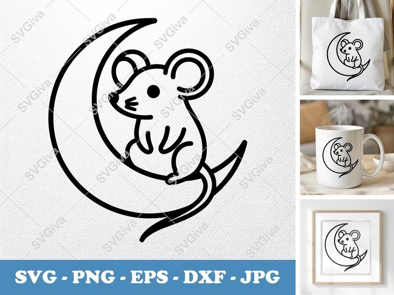 Mouse on Moon SVG, Cute Animal Cut File | Modern Celestial Critter PNG EPS DXF for Cricut & Silhouette