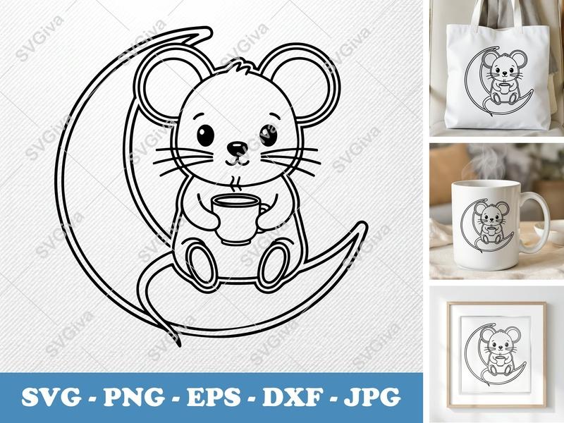 Mouse on Moon SVG PNG DXF EPS | Drink Cup Cricut Silhouette Cut File Vector