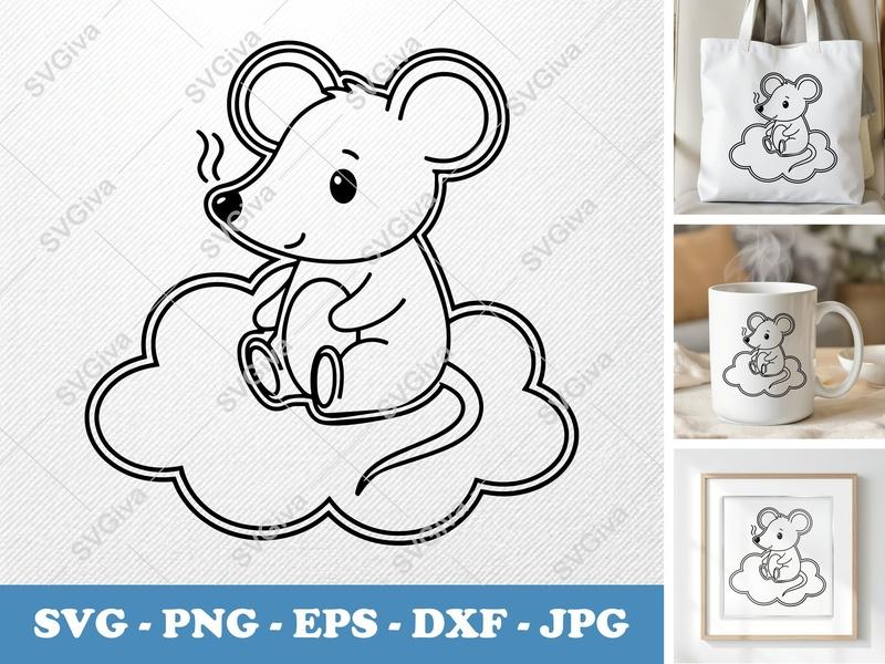 Mouse Sitting on Cloud SVG PNG DXF EPS | Cute Animal Cut File for Cricut Silhouette