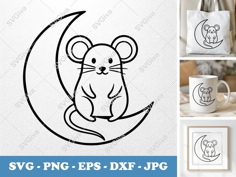 Mouse Sitting on Moon SVG | Friendly Rounded Bean-Shaped Cut File | PNG DXF EPS | Cricut Silhouette Vector
