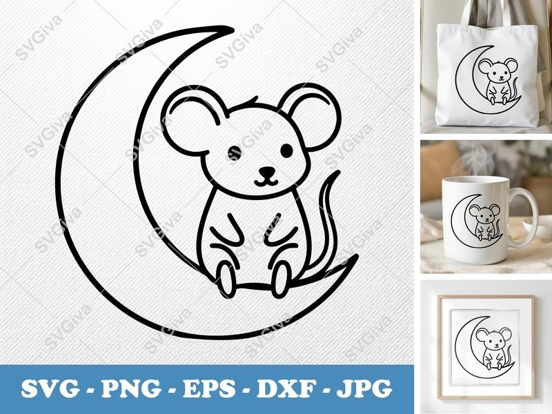 Mouse Sitting on Moon SVG | Minimalist Contour Cut File | PNG DXF EPS | Cricut Silhouette | Nursery Decor Vector