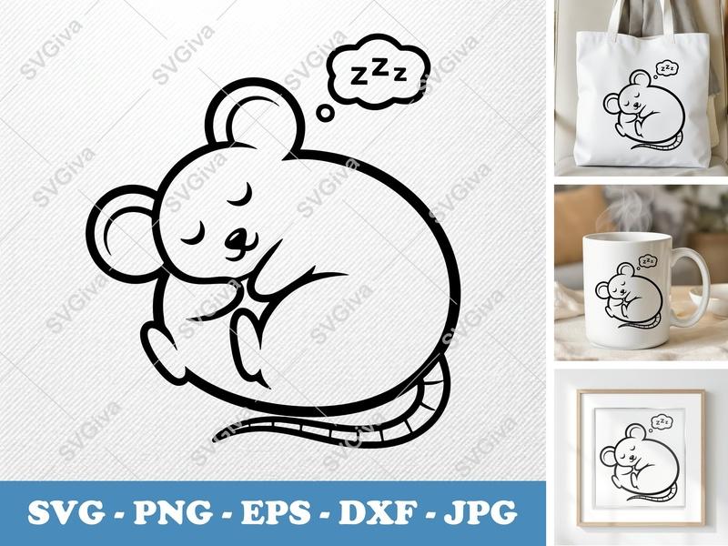 Mouse Sleeping SVG | Puffy Cartoon Mouse Zzz | PNG DXF EPS | Cricut Silhouette File
