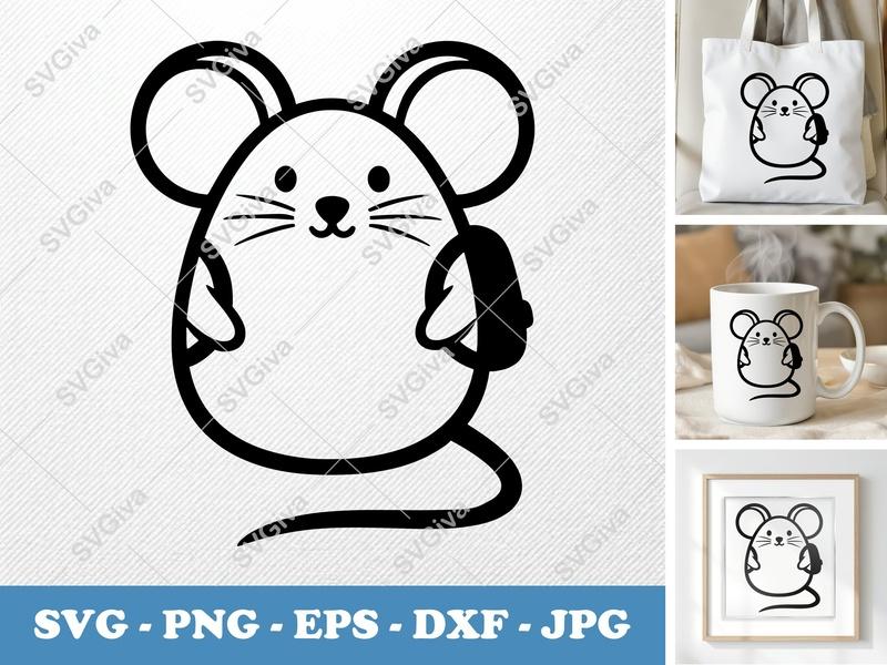 Mouse SVG, Cartoon Mouse Cut File, Cute Animal PNG EPS DXF, Cricut Silhouette Vector Art, Modern Mouse Clipart