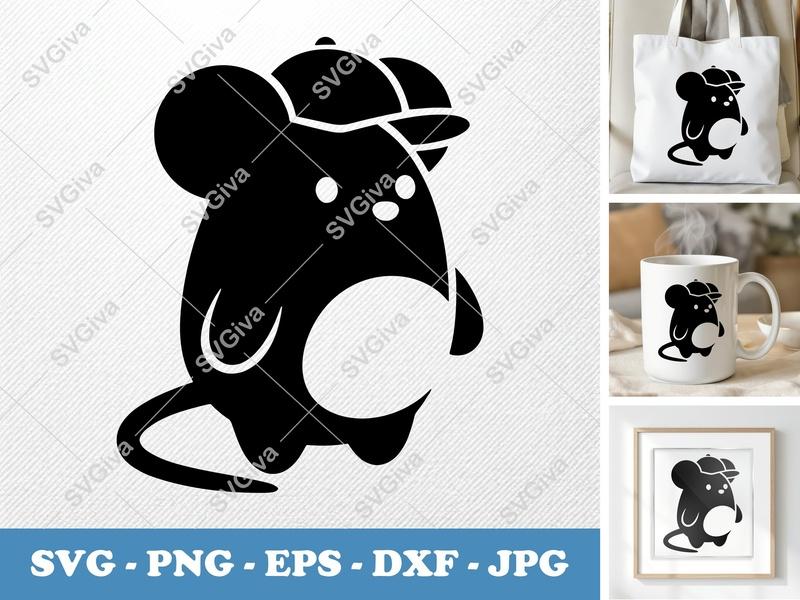 Mouse SVG, Cartoon Mouse with Hat Cut File, Cute Animal Vector, PNG EPS DXF for Cricut Silhouette, Digital Download