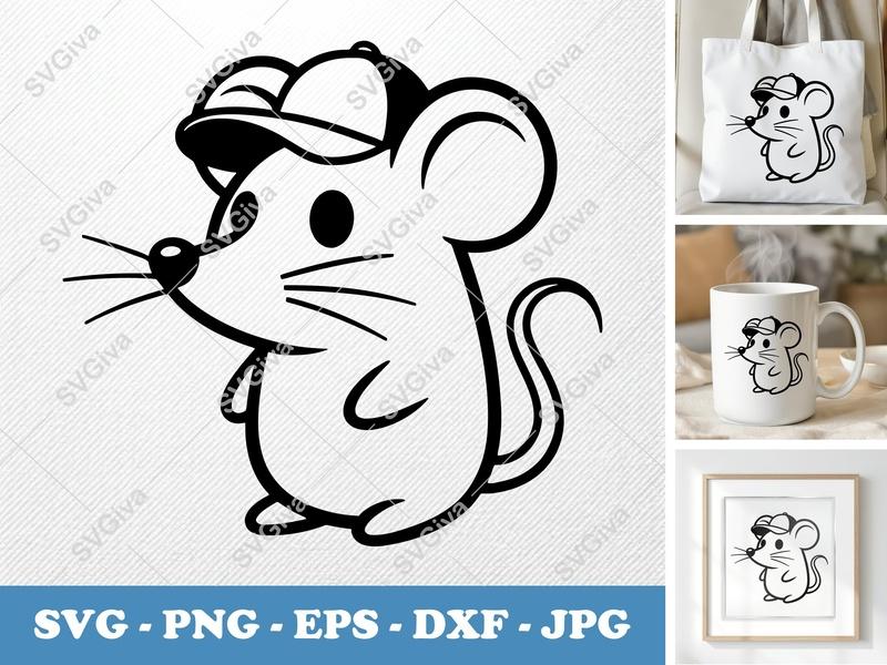 Mouse SVG, Cartoon Mouse with Hat, Cute Animal Clip Art | PNG EPS DXF for Cricut & Silhouette, Kids Craft Design