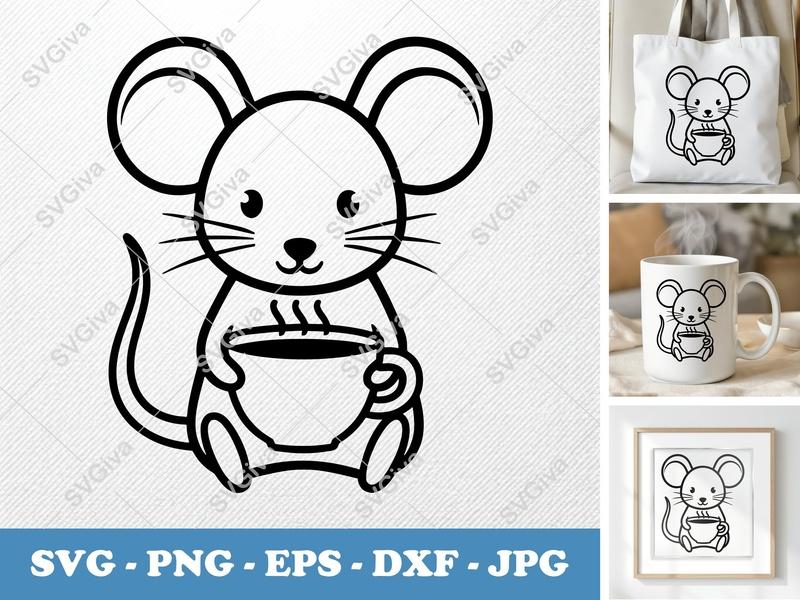 Mouse SVG, Coffee Cup Mouse Cut File, Cute Animal PNG, EPS, DXF for Cricut & Silhouette, Modern Cartoon Rodent Drink Design
