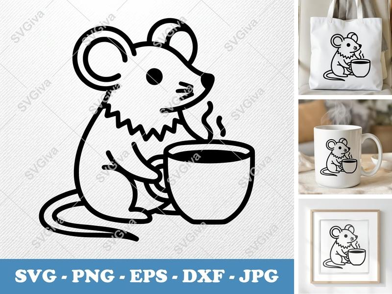 Mouse SVG, Coffee Cup Mouse Cut File, Modern Animal Clip Art, Cute Rodent PNG EPS DXF for Cricut Silhouette