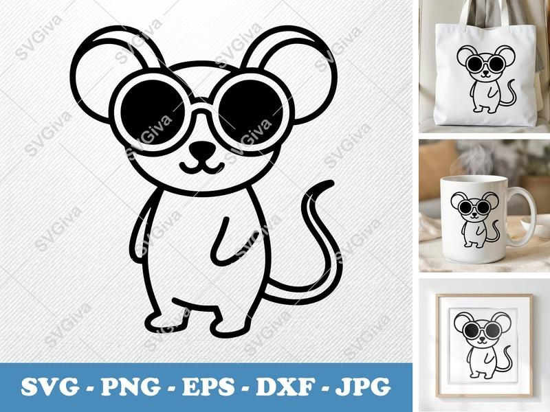 Mouse SVG, Cool Mouse with Sunglasses, Modern Clean Design, Digital Download, Cricut Silhouette Cut File, PNG EPS DXF