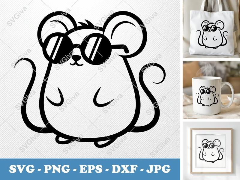 Mouse SVG, Cool Mouse with Sunglasses PNG EPS DXF | Cartoon Animal Cut File for Cricut & Silhouette, Modern Vector Art