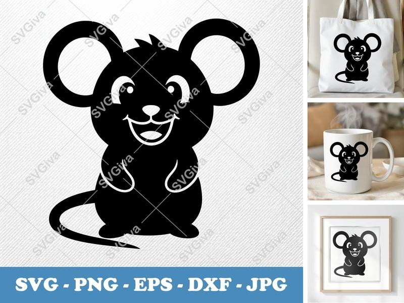 Mouse SVG, Cute Cartoon Mouse Cut File, Happy Mouse Clipart | PNG EPS DXF for Cricut, Silhouette, Vinyl Decal