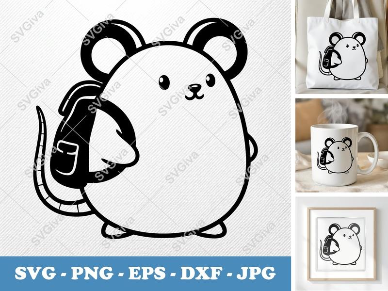 Mouse SVG, Cute Cartoon Mouse with Backpack Cut File, Back to School Animal Clipart | PNG EPS DXF for Cricut, Silhouette
